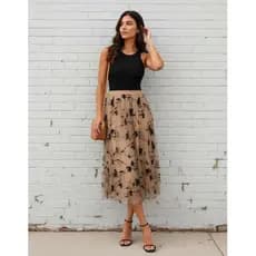 Saia Midi Feminina Plissada Tule Bordado Floral Cintura Elástica Elegante