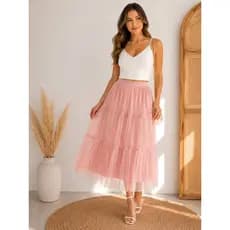 Saia Midi de Tule Feminina com Pérolas Forrada Cós Elástico Casual Festa Elegante