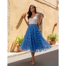 Saia Midi Feminina De Tule Plissada Floral Evasê Cós Elástico Elegante Para Festa Casual