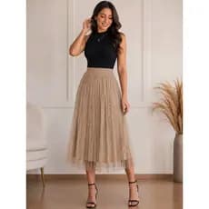 Saia Midi Plissada Feminina Tule Com Brilho Forrada Cós Elástico Elegante