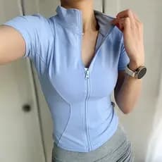 [MAR] Camiseta Feminina De Ioga Com Zíper Apertado , Roupa Esportiva De Secagem Rápida , Manga Curta , Gola Alta , Verão