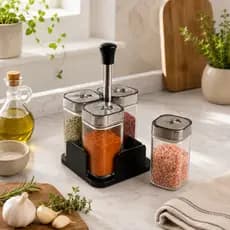 Porta Temperos Condimentos Suporte 4 Potes Vidro Tampa Dosadora Cozinha Organizador