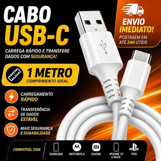Cabo USB Tipo-C Original 1 Metro Resistente Ps5 Android Iphone 15