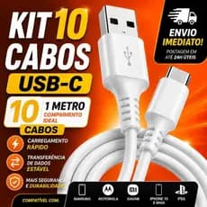 Kit 10 Cabos USB Tipo-C Original 1 Metro Resistente Android e Iphone 17 Atacado Revenda