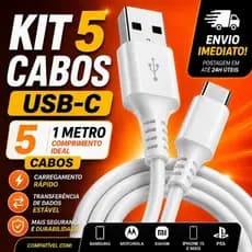 KIT 5 Cabos USB Tipo C 1 Metro Resistente Android Iphone Atacado