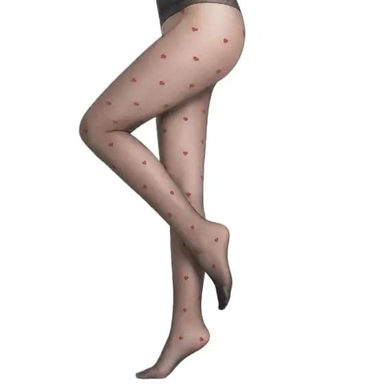 Meia Calça Feminina Transparente com Corações Vermelhos Alta Elasticidade