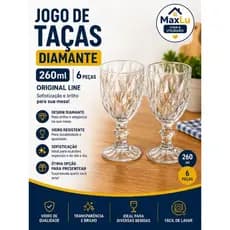 Jogo de Taças Diamante 260 ml – Kit com 6 Taças de Vidro para Água, Vinho, Sucos e Drinks