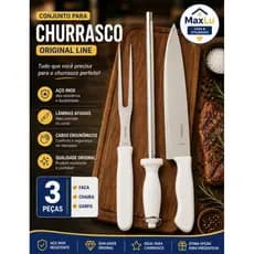 Kit Churrasco 3 Peças Aço Inox com Faca, Garfo e Chaira | Cabo Ergonômico | Corte carnes | Aves |