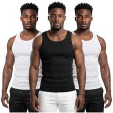 Kit 3 Regatas Masculinas Caneladas Premium Fitness Academia Casual Algodão Confortável Slim Fit Preta e Branca Dia a Dia