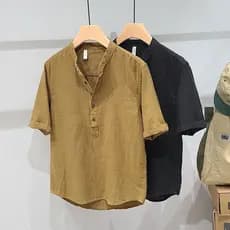 Camisa masculina de manga curta com gola asiática de cor sólida, roupa de trabalho simples de algodão para jovens, camis
