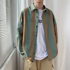 Outono 2023 camisa masculina versão coreana solta na moda jaqueta de manga comprida estilo Hong Kong listras#秋季2023衬衫男士韩