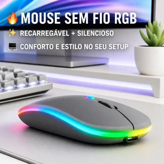 Mouse Sem Fio Wireless Recarregavel Led Rgb 2,4GHz Bluetooth Bateria Interna Ergonômico Silencioso