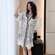 Ya Yaoting Pijama de Chiffon de cetim feminino verão fofo cardigã com decote em V solto camisola grande estampada camiso