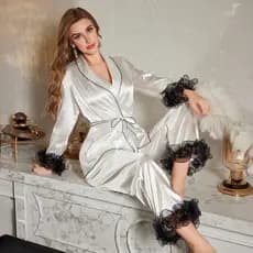 Luxo Midnight Yaoting Novo Estilo Pijamas Mulheres Organza Fungo Renda Gelo Seda Cetim Camisola de Manga Comprida Calças