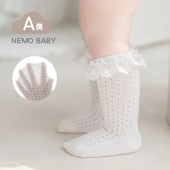 Meninas meias verão oco malha estilo fino meias do bebê moda coreana bebê princesa rendas meados de tubo meias de algodã