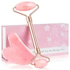 Conjunto de Rolo de Jade e GuaSha - Ferramentas de Cuidado Facial, Massageador de Quartzo Rosa para Rosto, Olhos, Pescoç
