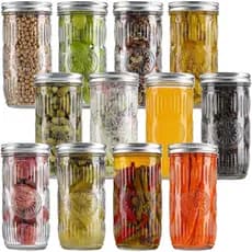 Conjunto de 12 Potes Mason de Boca Larga e Alta de 24 oz – Potes de Conserva de Vidro com Tampas e Anéis de Metal Hermét