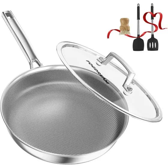 FogDream Frigideira Antiaderente de Titânio de 10" com Tampa, Frigideira de Aço Inoxidável, Segura para Indução e Forno
