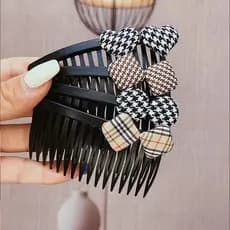 [Estoque pronto] Houndstooth preto branco grade franja pente de cabelo inserção pente inserções cabeça traseira feminino