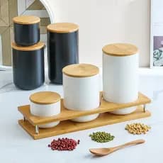 [Estoque pronto] Conjunto criativo de três peças selado de cerâmica para cozinha Tanque de armazenamento multigrãos Tanq