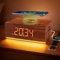 Relógio Despertador Digital de Madeira Hoifen com Alto-falante Bluetooth, Carregamento Sem Fio, Rádio FM, Luz Noturna, S