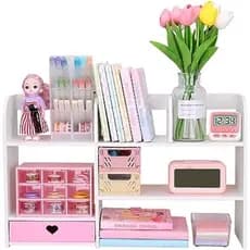 Estante de Livros Fofa para Mesa, Organizador de Mesa Kawaii com Gaveta, Organizadores e Acessórios para Mesa de Escritó