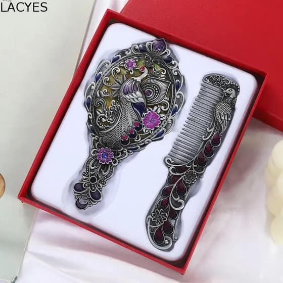 LACYES Princesa Espelho de Maquiagem, Conjunto de Pente de Espelho de Maquiagem Pavão Portátil Retro, Espelho de Maquiag