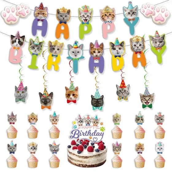 [Estoque pronto] Decoração de festa de aniversário de gato, cartão de inserção de bolo, conjunto espiral, decoração de B