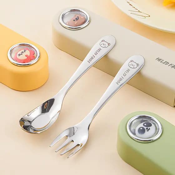 [Estoque pronto] Colher de lingote 316L para crianças comendo colher conjunto portátil doméstico bebê comendo sopa aprof