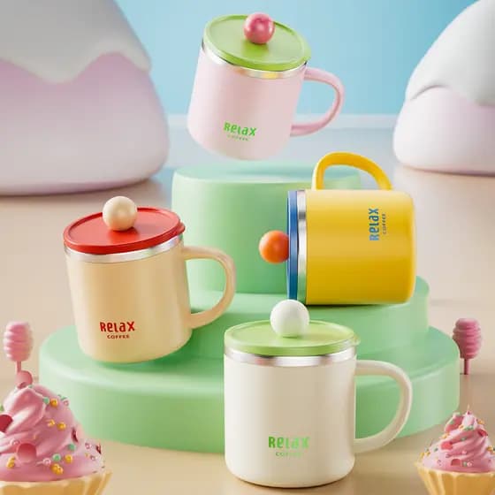 [Estoque pronto] Novo estilo caneca de aço inoxidável 304 fofa com tampa com escala copo de leite para estudantes copo d