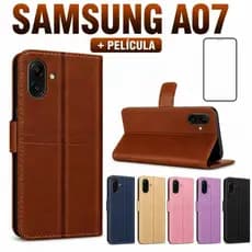Galaxy Samsung A07 Capa Carteira Flip Magnética Preto Couro Porta Cartão Anti Impacto Suporte + Película 9D