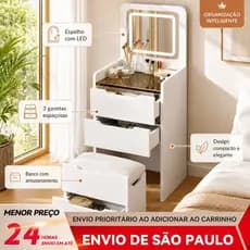 BAIERDI Penteadeira LED Multifuncional com Banco e Espelho para Quarto