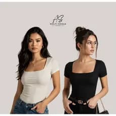 KIT COM 2 BLUSINHAS DECOTE QUADRADO BABY LOOK VARIAS CORES
