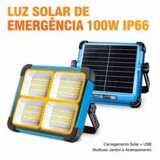 Luz Solar Multifuncional 100W Carregamento Solar e USB IP66 Impermeável Para Acampamento Obra e Emergência