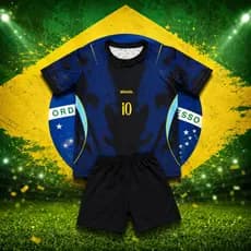 LIQUIDAÇAO Oferta Conjunto Infantil Camisa BRA5IL AZUL C/ PRETO Short Masculino Estilo Jogo com Escudo