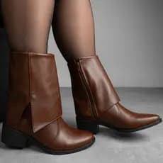 Bota Feminina Cano Curto Couro Marrom Preta Bico Fino Salto Baixo Zíper Dobra Alta Qualidade Inverno Frio Promoção Top