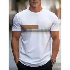 Camiseta Manga Curta Listrada 100% Algodão - Verão Camisas Blusa Camisa com Listra Ajuste Regular Homens Adulto Promoção