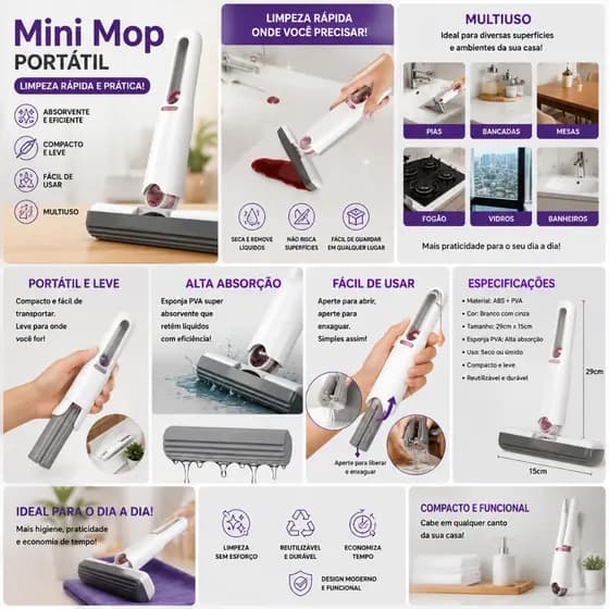 Mini Mop Esfregao Portatil Limpeza Rapida Facil Manuseio Absorvente Casa