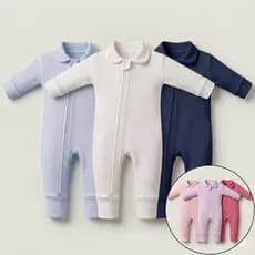 Kit 3 Macacão Manga Longa Canelado Para Bebê Com Zíper 100% Algodão