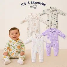 Kit 3 Macacão Longo Para Bebê Estampado C/Zíper 100% Algodão Menino Menina RN P M G