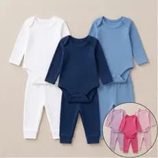 Kit 3 Conjuntos Body Manga Longa + Mijão Canelados Para Bebê 100% Algodão RN P M G