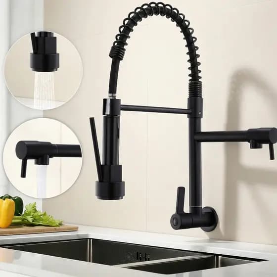 Torneira de Cozinha Premium Preta com Mola, Duplo Modo de Água, Modelos para Bancada e Parede