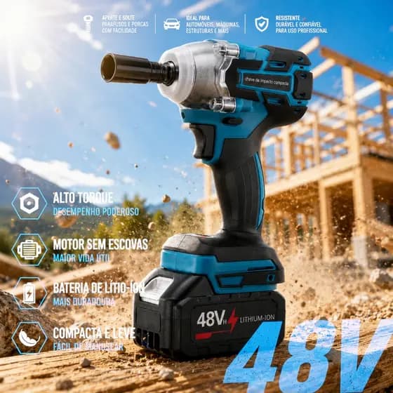 Chave de Impacto Elétrica Sem Fio 48V Sem Escova Portátil com 2 Baterias e Maleta