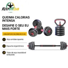 Keepfitclub 15kg Dumbbell Kit Kettlebell Bar 6 in 1 Weight Bodybuilding Home Workout