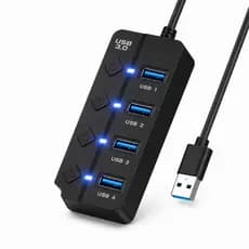 Hub USB 3.0 com 4 Portas, Switch Individual e LED para Notebook e PC e Outros Dispositivos USB