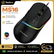 Mouse Gamer Sem Fio H’Maston MS16 RGB Ergonômico 6 Níveis DPI USB Tipo-C 2.4G Bluetooth Recarregável
