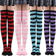 Meias Femininas Coloridas Listradas até a Coxa e até o Joelho para Cosplay de Halloween Over 3663