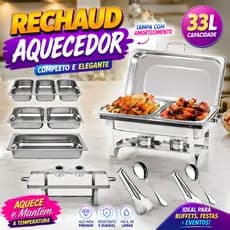 Rechaud Retangular Inox 33L Kit Banho Maria Completo 6 Peças Buffet Grande