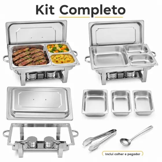 Rechaud Buffet Inox 12L 3 Divisórias Com Tampa 2 Queimadores Colher E Pegador Para Festa Restaurante Self Service