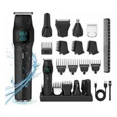 Aparador de Pelos 6 em 1 Barba Cabelo Nariz e Corpo Recarregável USB-C IPX7 com Display Digital e Base